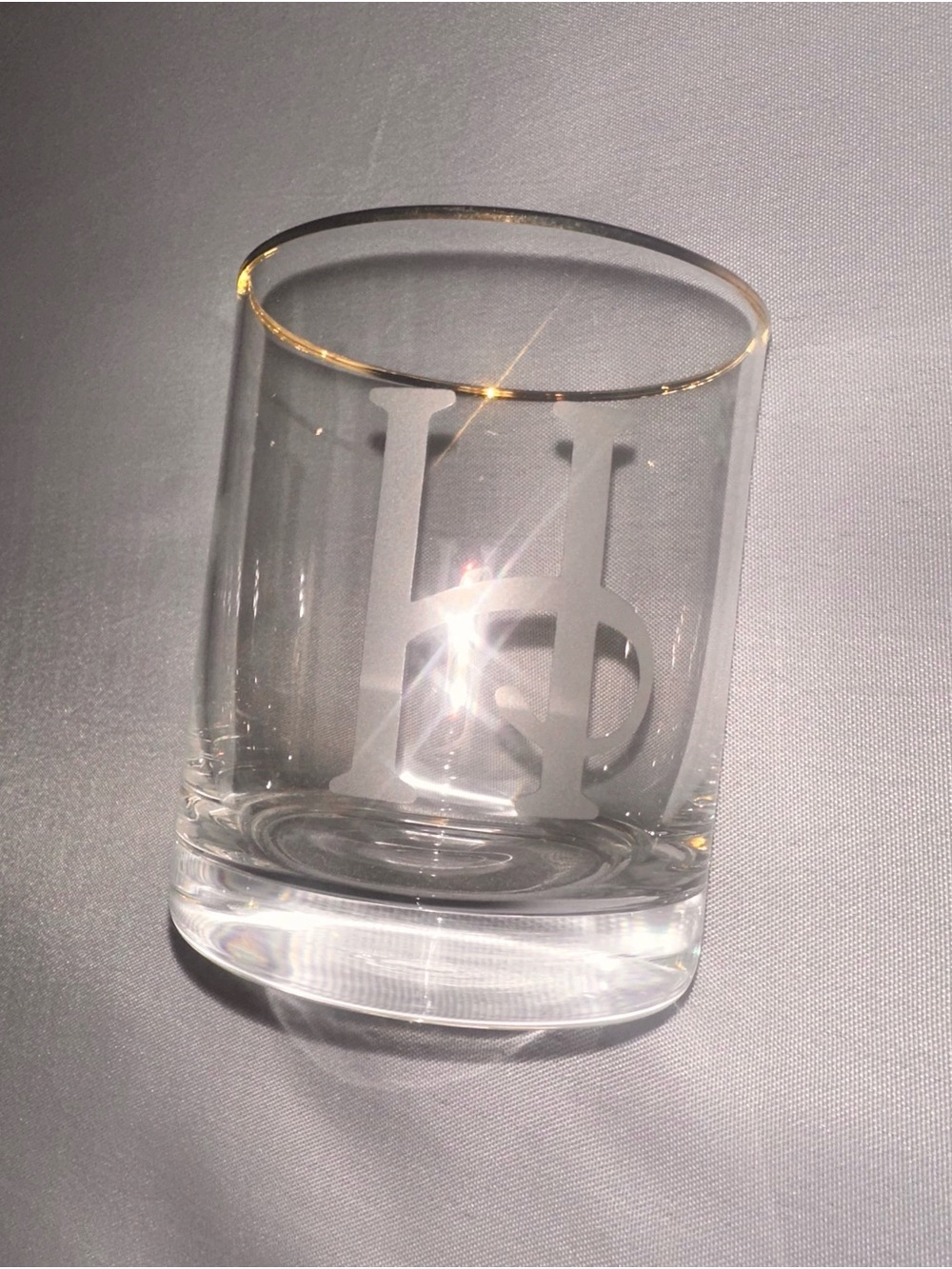 Monogrammed Etched Whiskey Glass with Gold Rim - Letter “H”